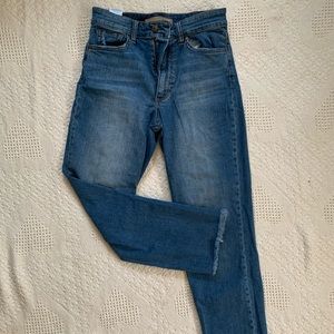 Joe's light-wash denim with raw hem; size 26